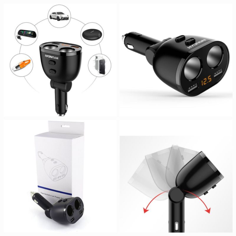 Bộ chia 2 tẩu, 2 USB hiện điện áp ắc quy cổ xoay cho ô tô