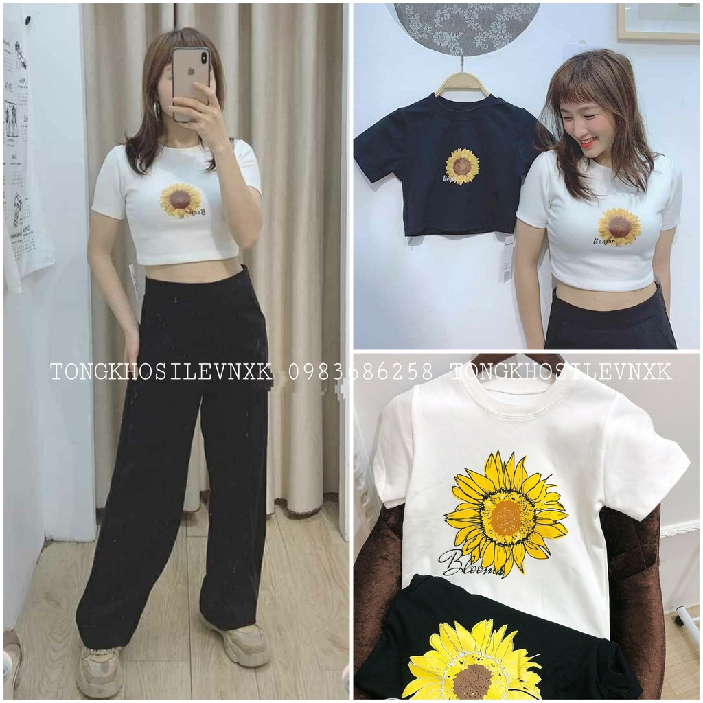 ÁO CROPTOP HOA MẶT TRỜI CHẤT BOZIP HOT 2 MÀU ĐEN TRẮNG