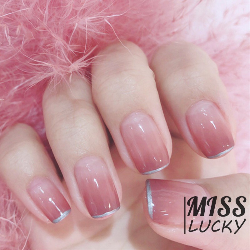 Bộ 24 móng tay giả màu hồng gradient nghệ thuật che toàn móng dành cho cô dau6