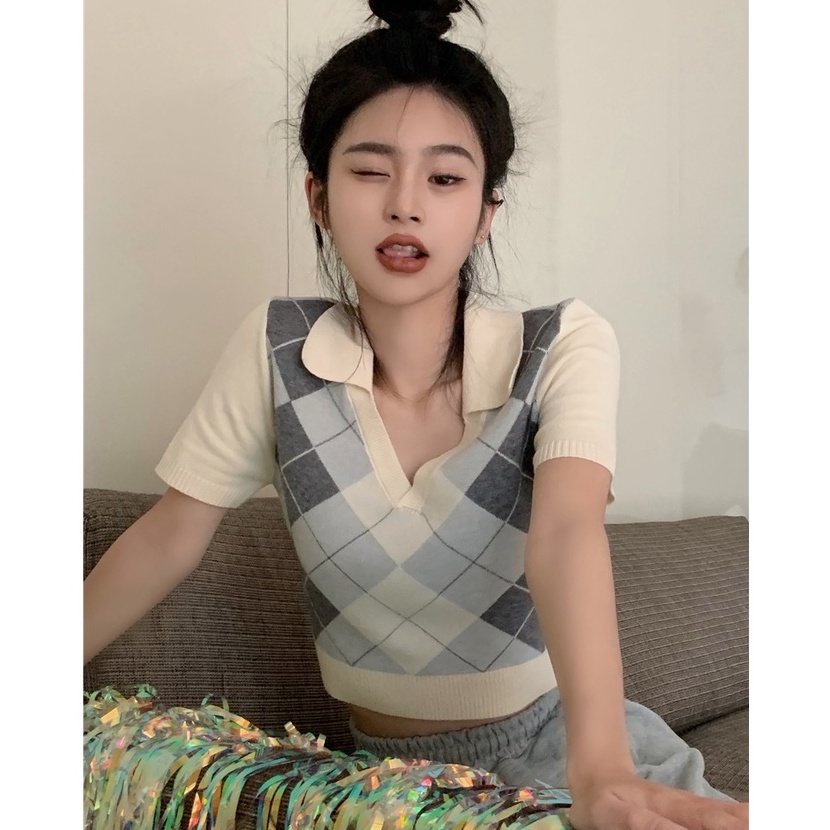 QKOOLE Áo  tay ngắn cổ chữ V thời trang quyến rũ phong cách Hàn Quốc