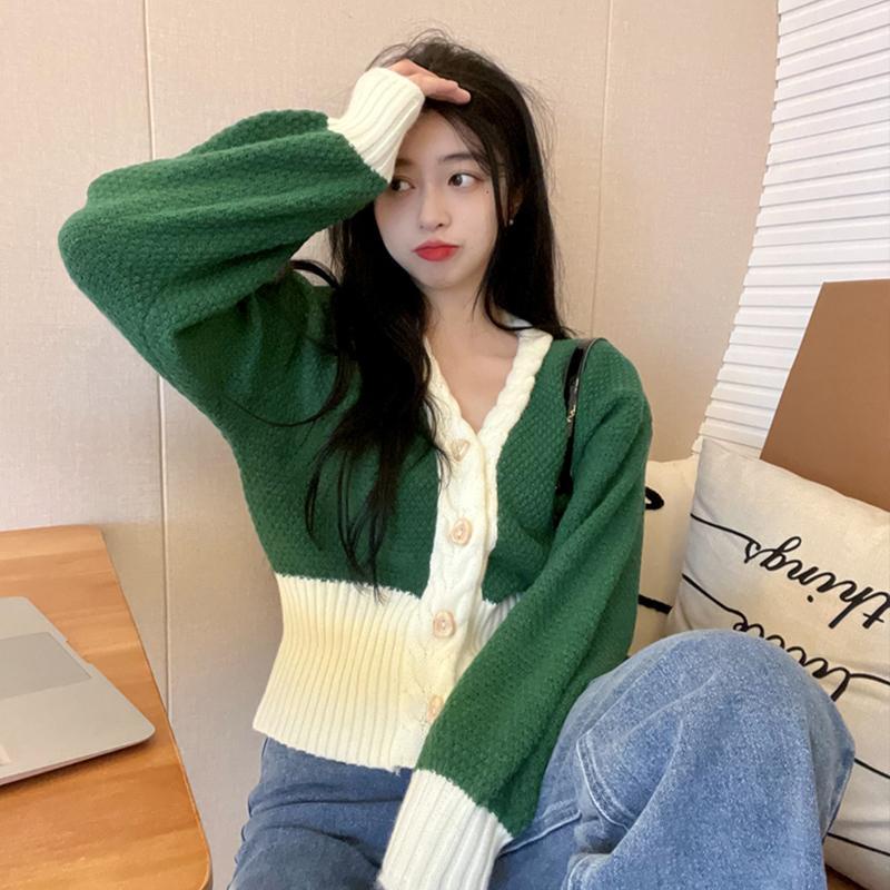 Áo Khoác Cardigan Dệt Kim Tay Phồng Màu Sắc Tương Phản Phong Cách Retro Thời Trang Thu Đông