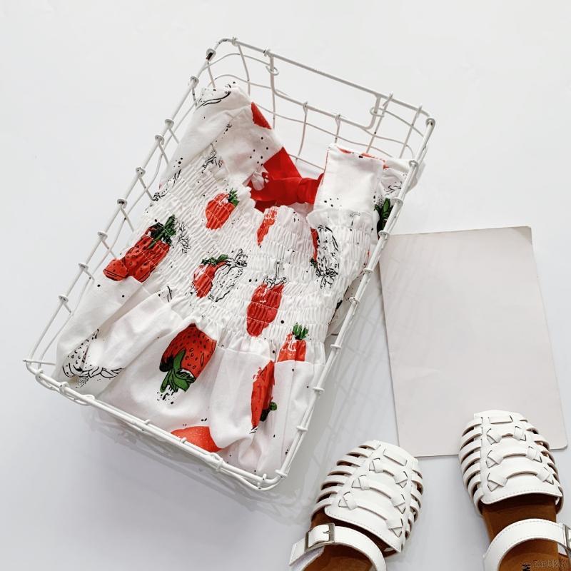 Đầm Tay Phồng Phối Nơ Họa Tiết Dâu Tây Đáng Yêu Cho Bé Gái