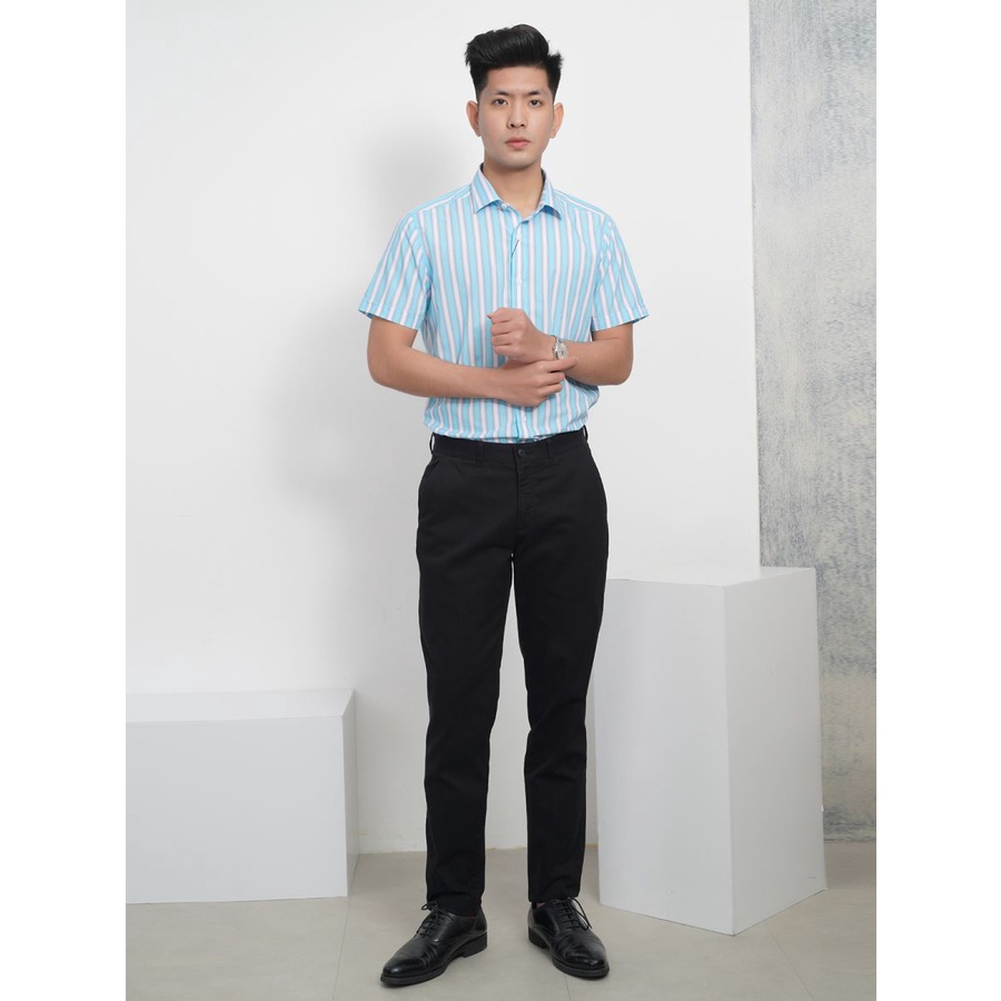 Áo sơ mi nam ngắn tay ARISTINO ASS067S8 chất bamboo sợi tre, dáng slimfit, tà lượn, kẻ sọc xanh trắng