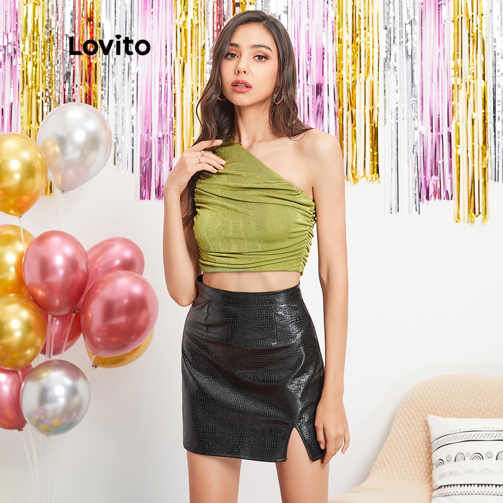 Áo không tay Lovito lệch một bên vai xếp nếp màu trơn cơ bản thường ngày L07078 màu xanh lá | BigBuy360 - bigbuy360.vn