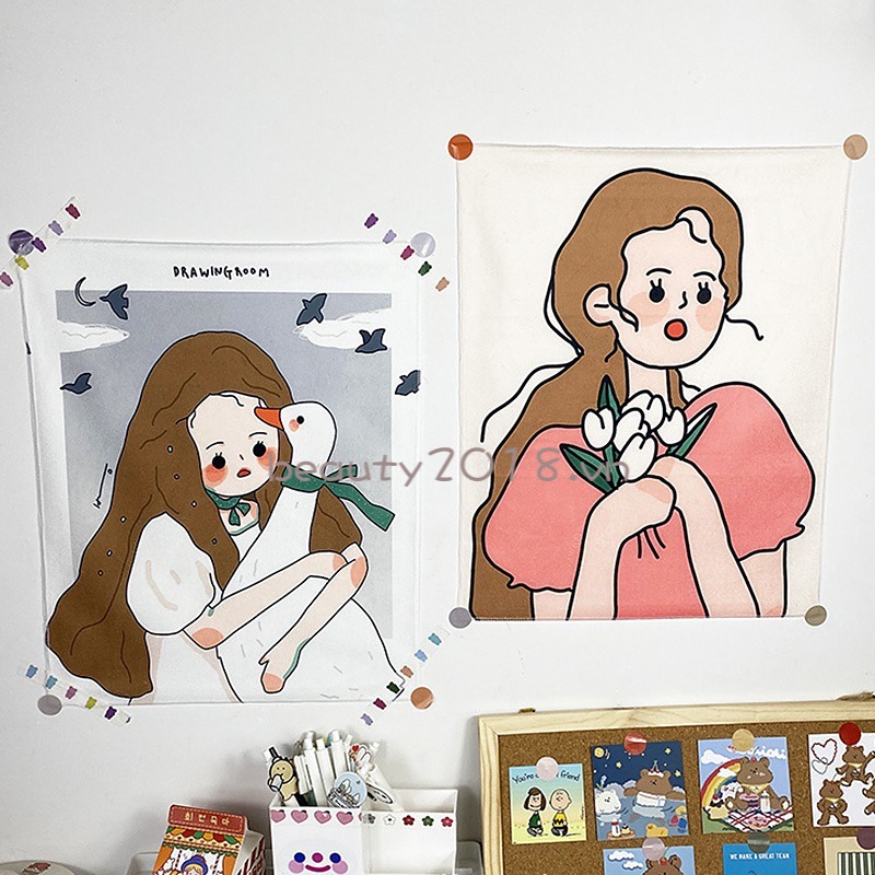 Vải treo tường hoạ tiết hình cô gái xinh xắn trang trí không gian nhà cửa