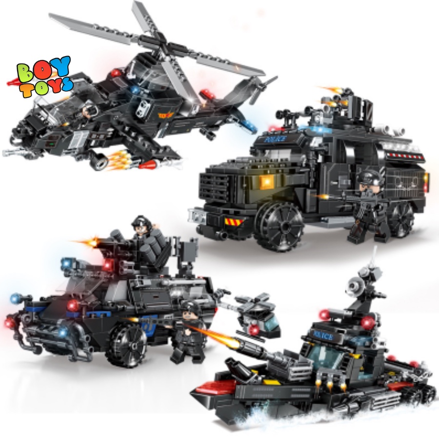 Hộp đồ chơi lego lắp ghép mô hình phương tiện chiến đấu xe bọc thép, tàu chiến, máy bay 4 trong 1