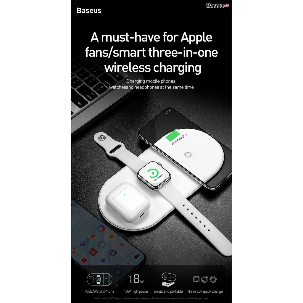 [ CHÍNH HÃNG ] Bộ sạc nhanh không dây Cho Phone, Apple Watch, Airpods - Baseus Smart 3in1 Wireless Charger