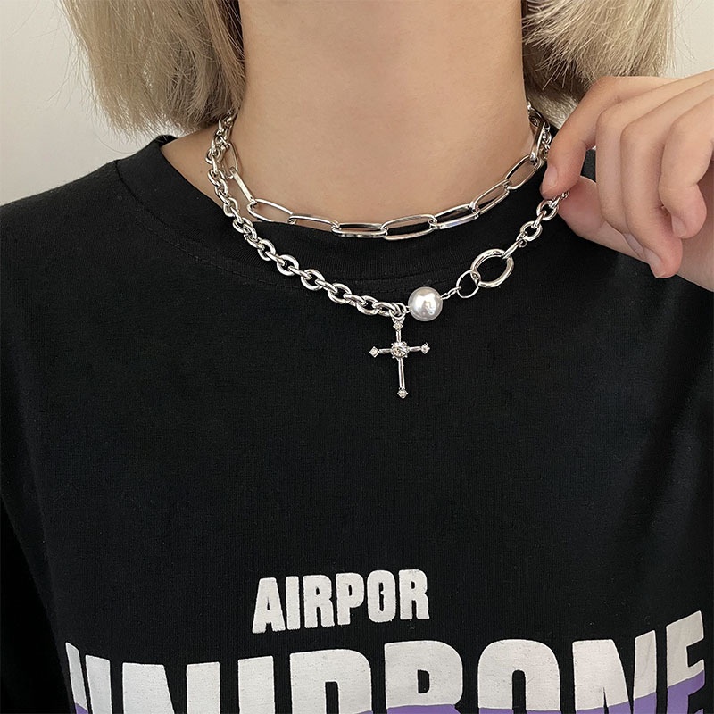 Vòng cổ Hai Lớp Đính Đá Và Ngọc Trai Nhân Tạo Phong Cách Hip Hop Dành Cho Nữ