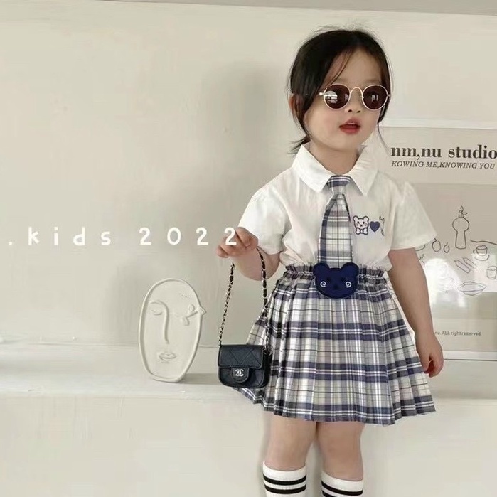 SET63- Váy cho bé, set đồng phục nữ sinh, cà vạt gấu bé gái kiểu Hàn Quốc cho bé từ 8-17kg
