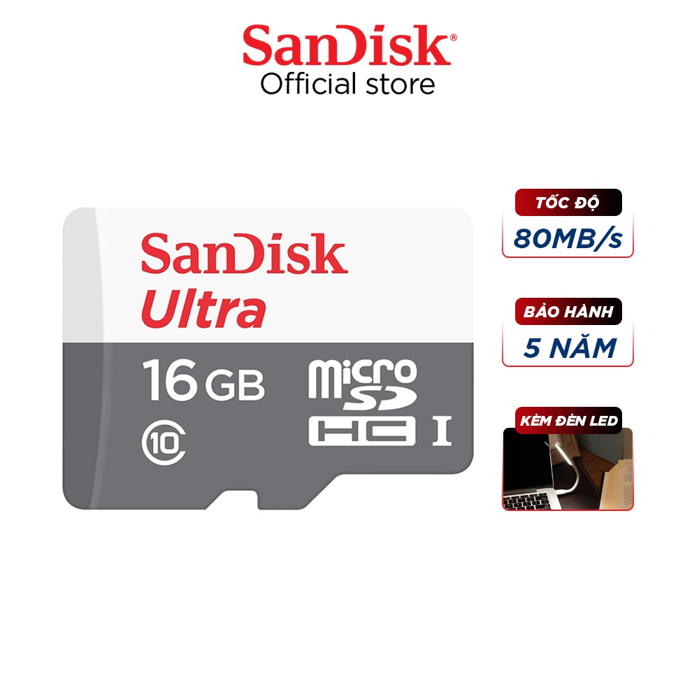 [Mã ELWDSD giảm 8% tối đa 200K] Thẻ nhớ micro SDHC Sandisk 16GB upto 80MB/s 533X Ultra UHS-I tặng đèn LED USB