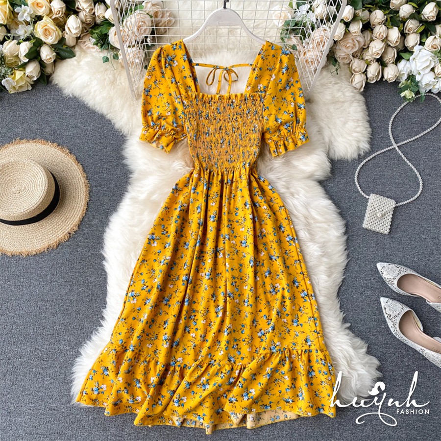 Đầm hoa cổ vuông tay ngắn xếp ly - DDTN02