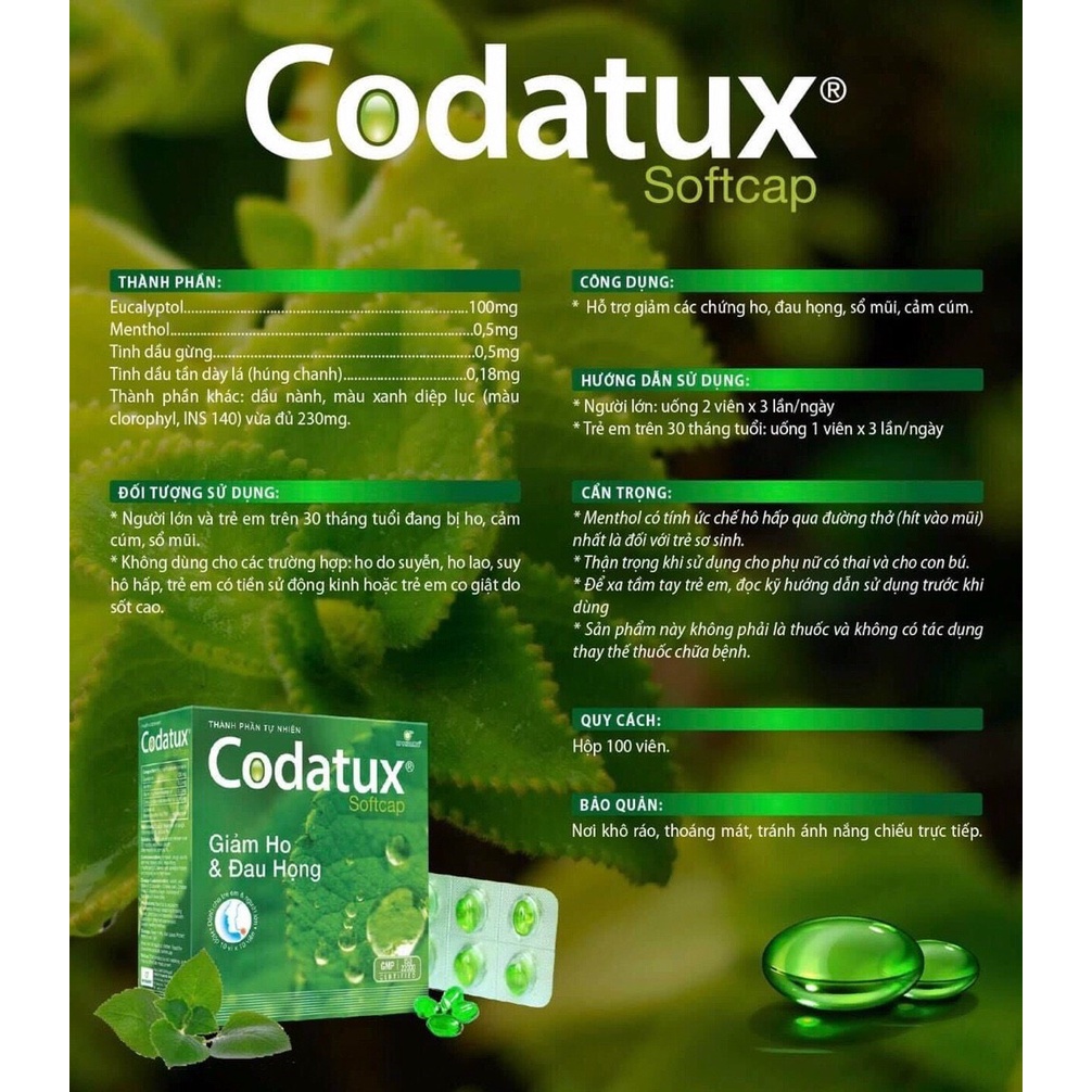 Viên Uống Giảm Ho CODATUX Softcap Hỗ Trợ Giảm Đau Họng, Ho Khan, Khản Tiếng Do Viêm Họng - Hộp 100v