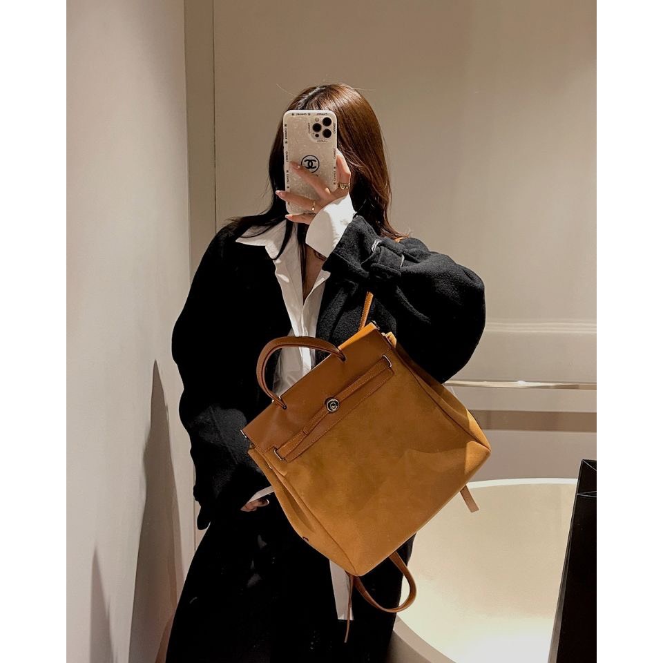 Balo da lộn màu nâu da bò phong cách Hàn Quốc
