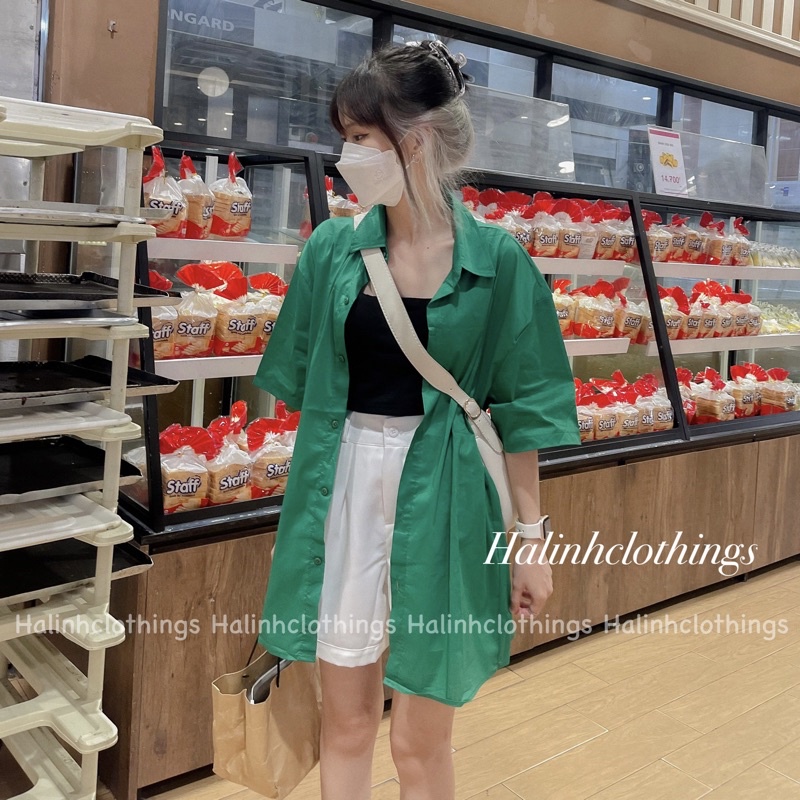 Sơ mi cộc tay trơn dáng rộng freesize