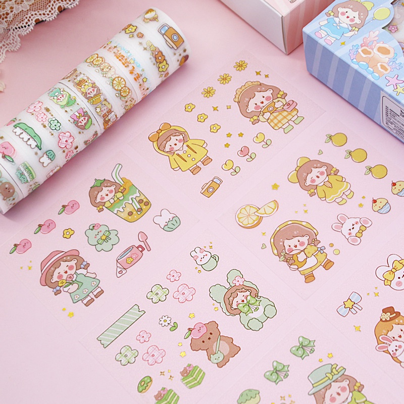 Hộp sticker và băng keo dán trang trí sổ lưu niệm DIY họa tiết hoạt hình dễ thương