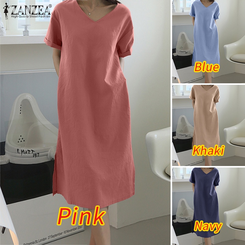 Đầm midi ZANZEA tay ngắn cổ v xẻ tà thời trang cho nữ