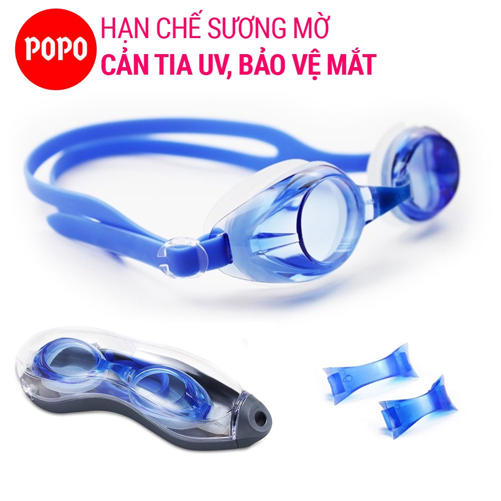 Bộ Kính bơi Mũ bơi trơn, Bịt tai kẹp mũi POPO 1153 mắt kính trong chống tia UV hạn chế sương mờ