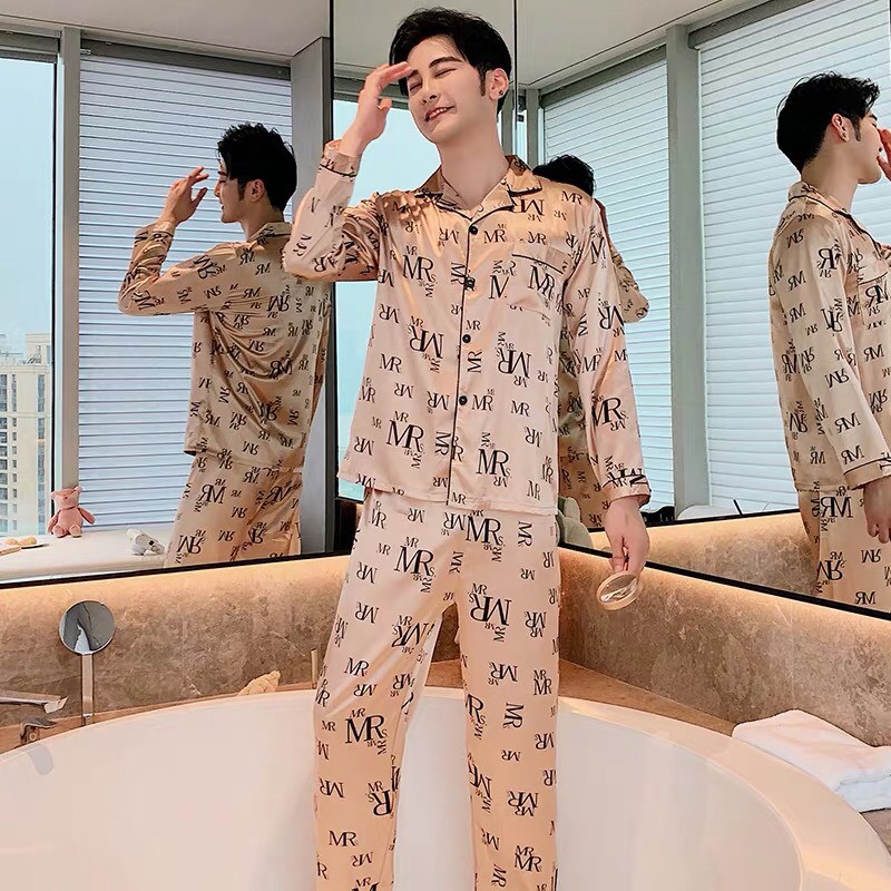 Đồ bộ Pijama họa tiết chữ MR dành cho nam - Đồ mặc nhà cho nam vải phi bóng dài tay (Hàng có sẵn)