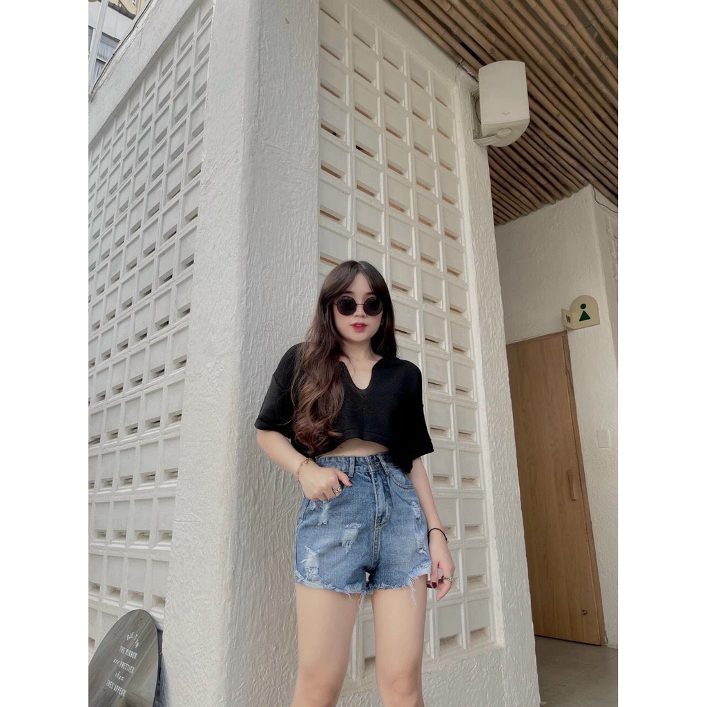 [HÀNG QUẢNG CHÂU] Áo Croptop Nữ, Dệt Kim Motoghi Dáng Ngắn Cổ Đức V Phối Chân Váy Cực Ngầu