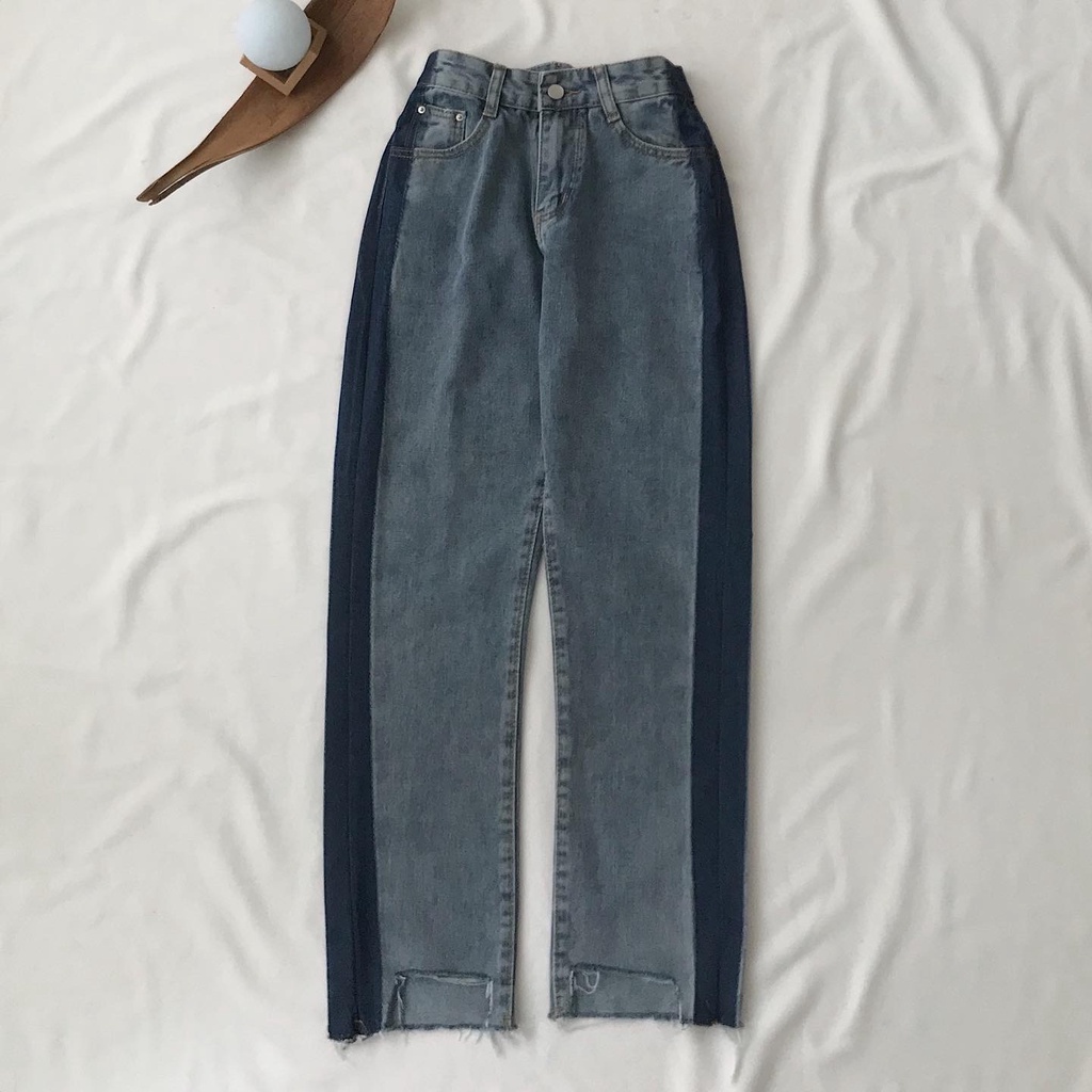 Quần Bò Nữ Ống Đứng SEKYO JEM CLOSET Màu Đen Xanh Cắt Gấu Cạp Cao Hách Dáng Phong Cách Trẻ Trung 2873