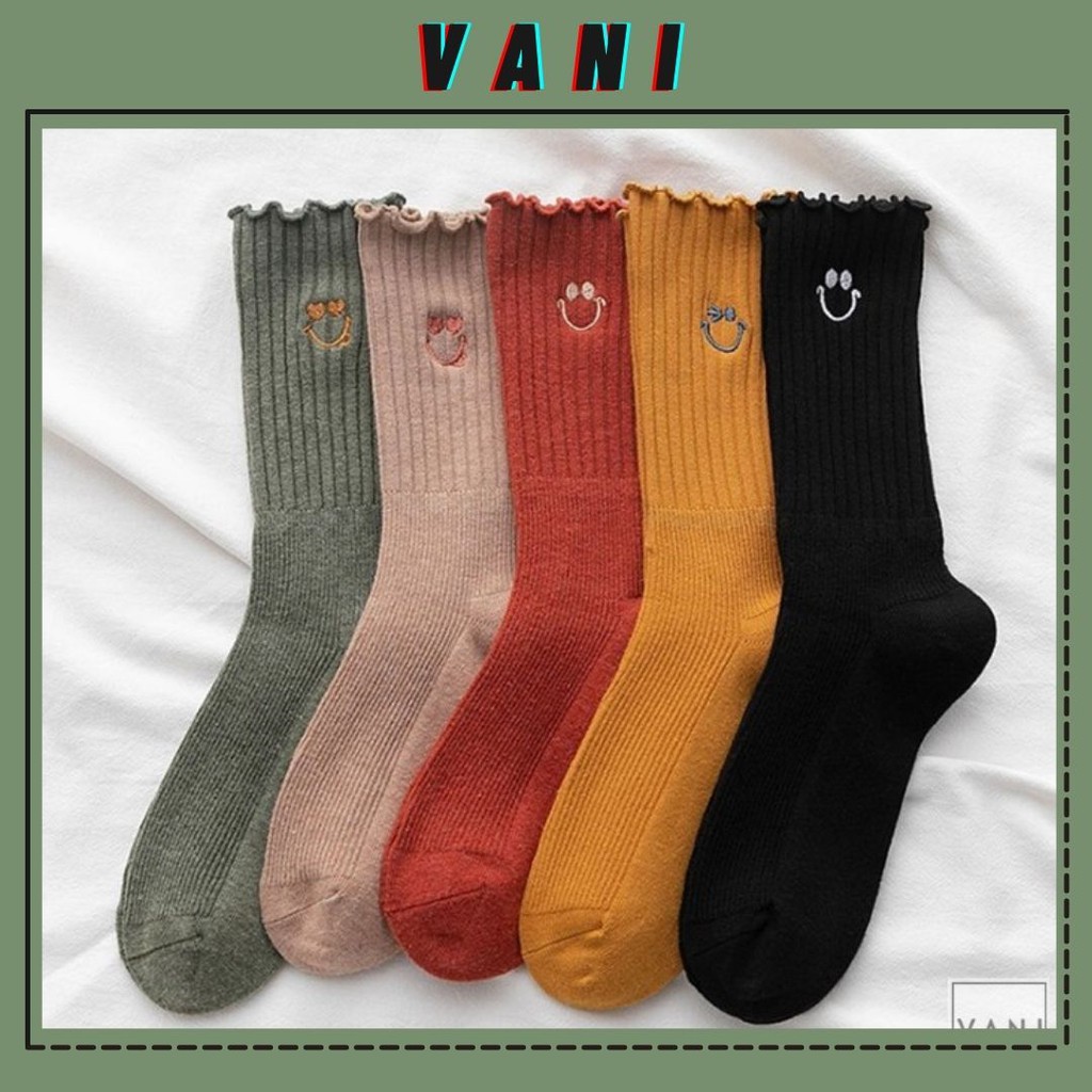 Tất Vớ Gân To Cổ Bèo Thêu Mặt Cười Kiểu Dáng Hàn Quốc - Vani Store