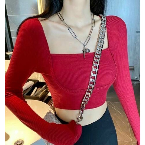 Áo Croptop Gân Bó TAy Dài Cổ vuông Siêu Xinh TTVV0028