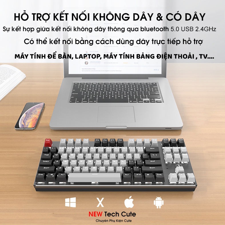 Bàn phím Cơ Bluetooth Không Dây Pin Sạc K950 LED | phím blue switch cho máy tính pc laptop, điện thoại, máy tính bảng