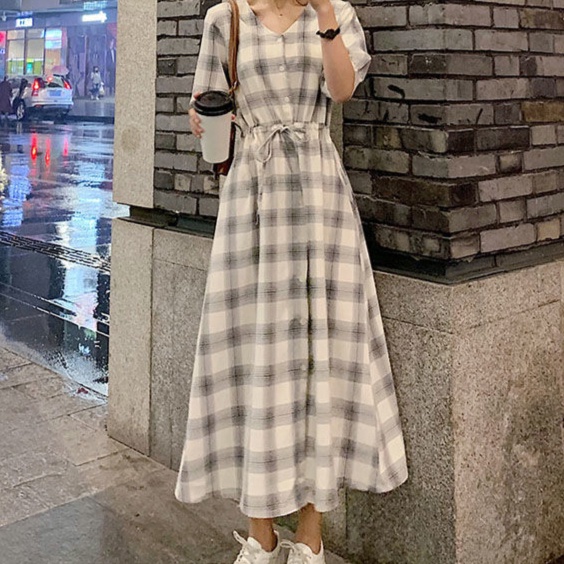 Đầm Sơ Mi Dài Họa Tiết Sọc Caro Phong Cách Hàn Quốc Mẫu Mới Thời Trang Cho Nữ