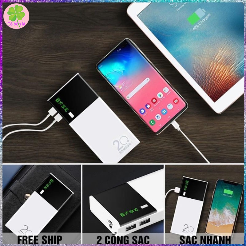 Sạc dự phòng, Pin dự phòng 20000 mAh 2 cổng USB Sạc nhanh,màu trắng nhỏ gọn tiện lợi Tích Hợp Sạc Nhanh Fast Charge