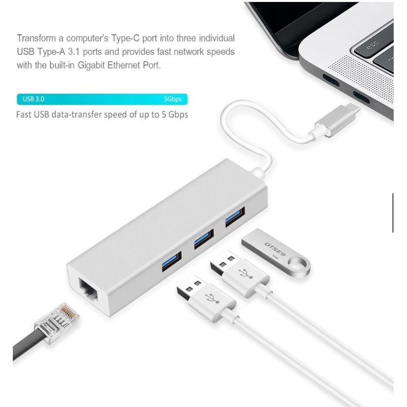 Bộ chuyển đổi 3 cổng USB 3.0 Type C sang Ethernet LAN RJ45