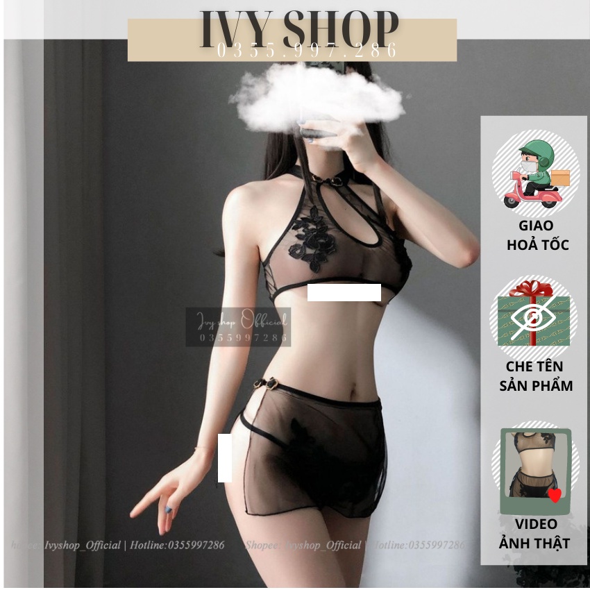 Bộ Ngủ Sexy Voan Thêu Hoa Xẻ Hông Xuyên Thấu Siêu Gợi Cảm -BNV004 Đầm Ngủ Sexy - BNV004