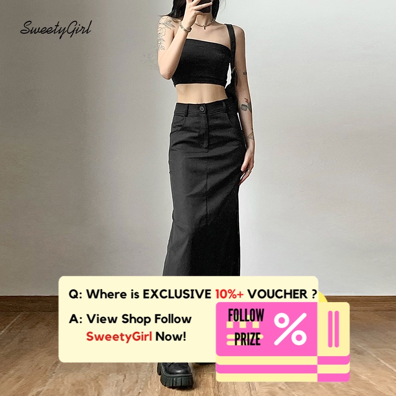 Chân Váy Maxi Lưng Cao Màu Đen Trơn Cài Nút Thời Trang 2022 Quyến Rũ Cho Nữ