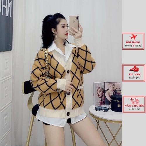 Áo cardigan len nữ oversize phom rộng kẻ caro vàng ulzzang Hàn Quốc
