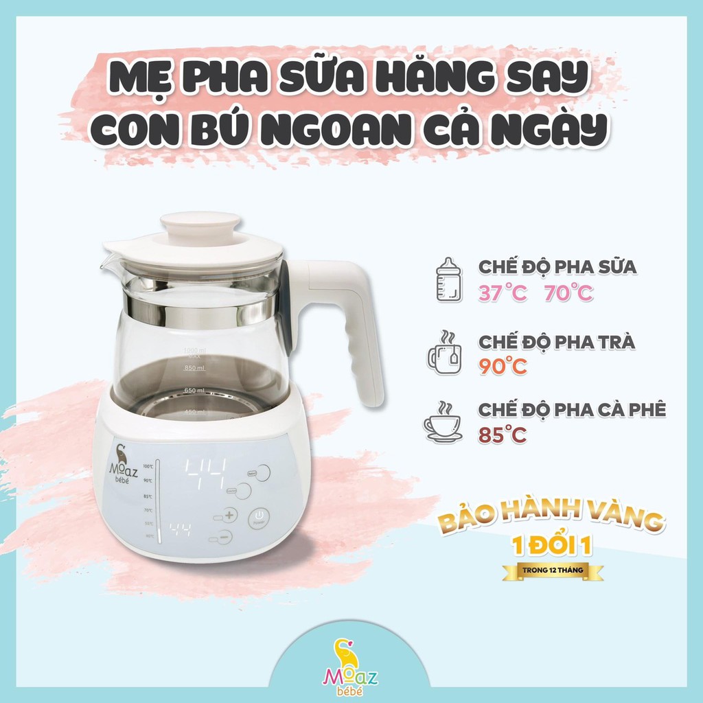 Bình Đun Nước đa năng Pha Sữa MOAZ BÉBÉ MB002, 1L Pha Sữa / Trà / Cafe, Khử Clo, Duy Trì Nhiệt Độ 24h