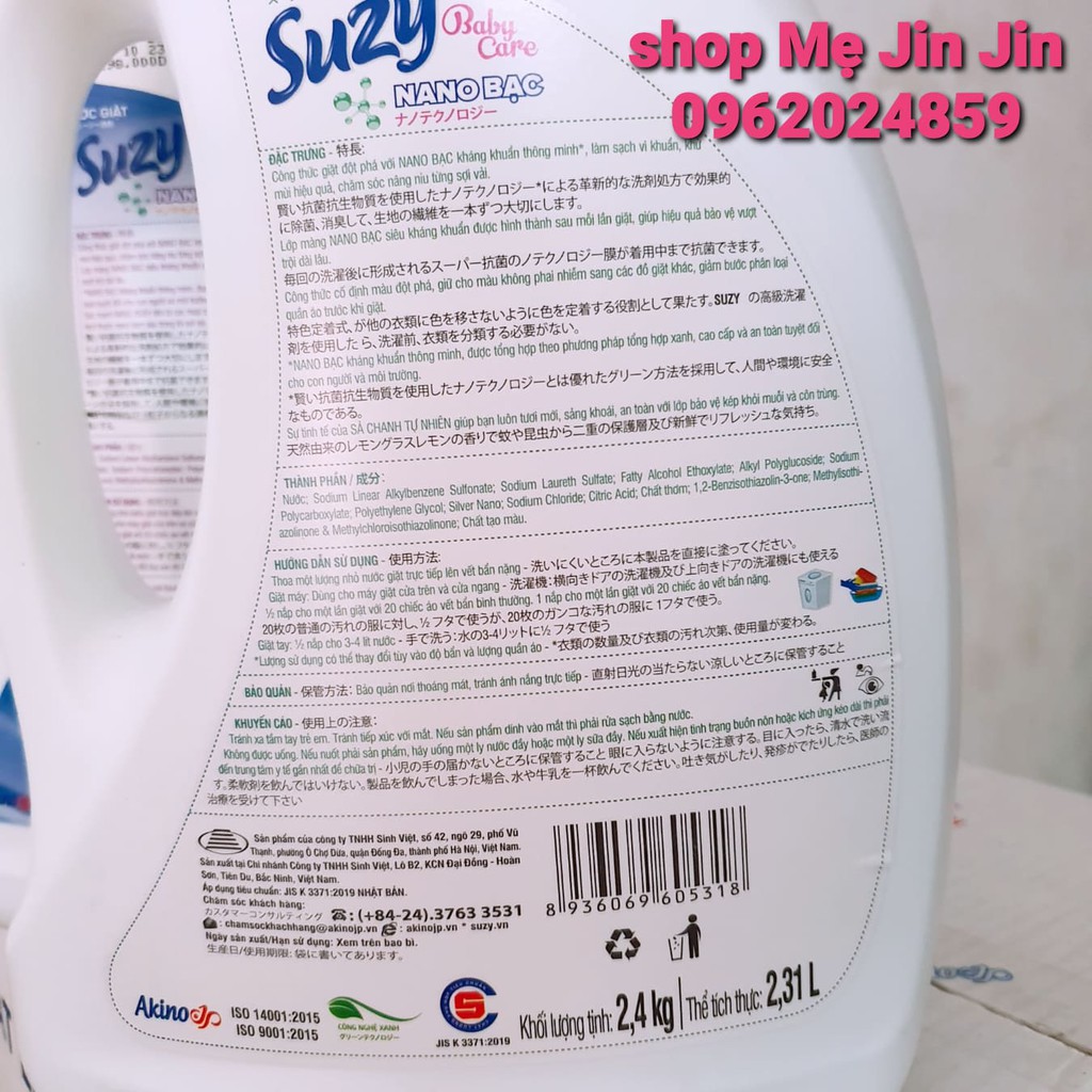 Nước giặt xả Suzy 2,4kg Nhật Bản công nghệ Nano Bạc, hương Lavender, thành phần hữu cơ, giặt được cho bé.