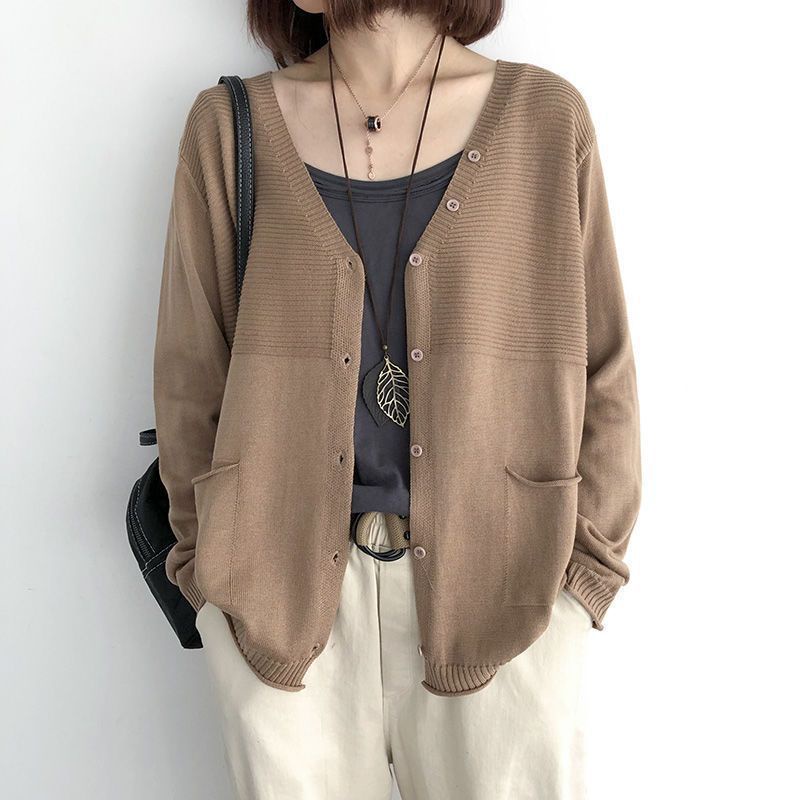 Áo khoác cardigan dệt kim tay dài cổ chữ V dáng rộng phong cách mùa thu dễ phối đồ dành cho nữ