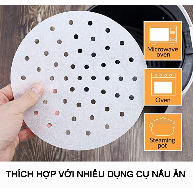 Set 100 tờ Giấy nến đục lỗ, Giấy nến tròn lót xửng hấp, nồi chiên không dầu, hấp bánh bao 21,5cm