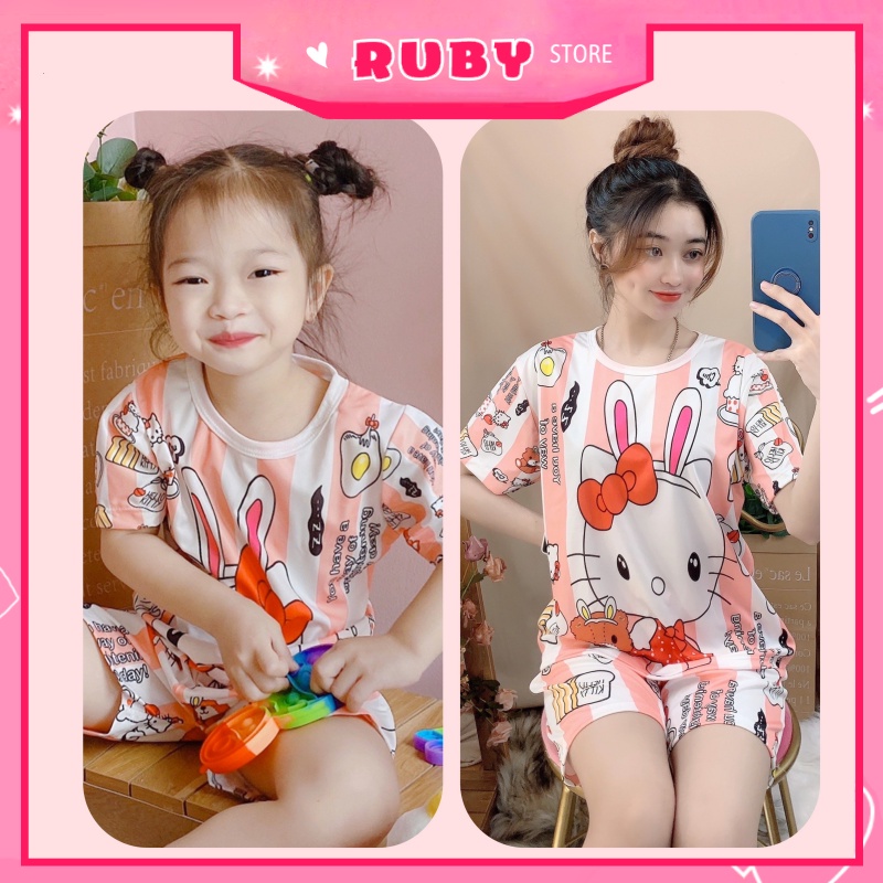 [Đồ bộ gia đình] Đồ bộ thun đùi in hình Hello Kitty Hoạt hình dễ thương chất thun mềm mát size đến 60kg DBRBD SIZE 4 - L