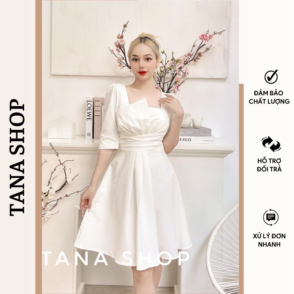 Đầm cổ vuông dự tiệc bo eo dáng ngắn xếp ly vải cotton trắng có lót trong mặc đi tiệc, mặc đi chơi TaNa D0451