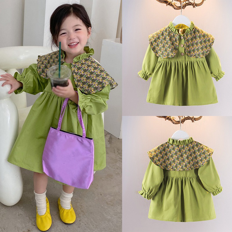 Đầm Cổ Búp Bê In Họa Tiết Hoa Thời Trang Xuân Thu Xinh Xắn Cho Bé Gái