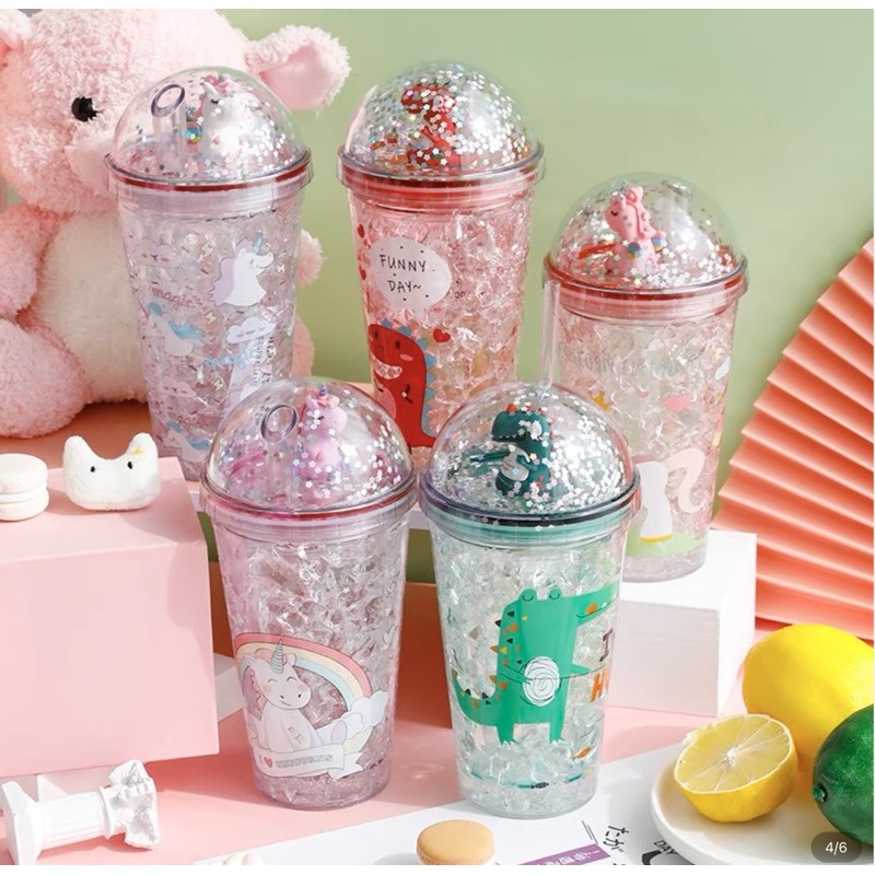 SLy Đựng Nước💚CAM KẾT CHUẨN💚Cốc Đựng Nước Nhũ Kim Tuyến Hình Khủng Long 500Ml Kèm Ống Hút