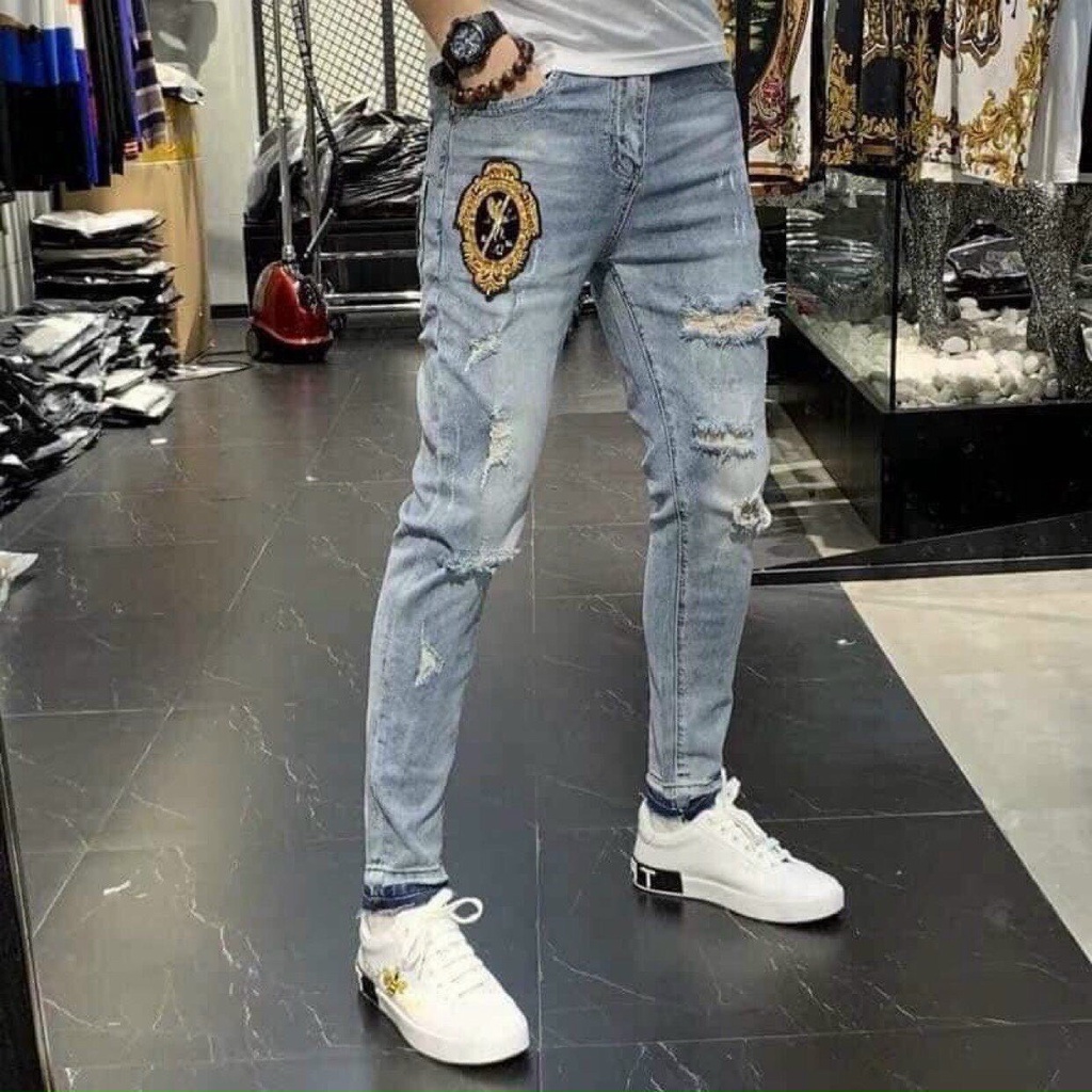 Quần jean nam dài, quần bò nam Dabass phối logo cá tính chất co dãn thoải mái hàng y hình
