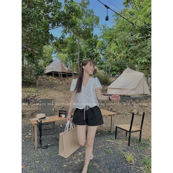 MIE MIN Mie Tops tafta thắt nơ