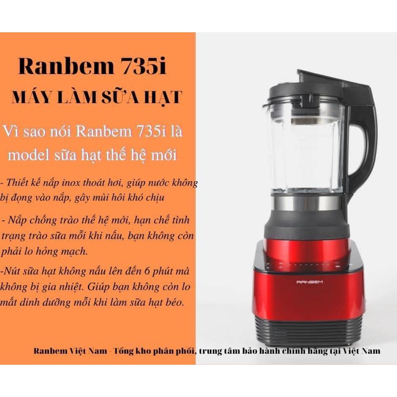 [Mã SKAMSALE03 giảm 10% đơn 200k] Máy làm sữa hạt RANBEM 735i nắp inox mới - tặng kèm hdsd công thức làm sữa hạt