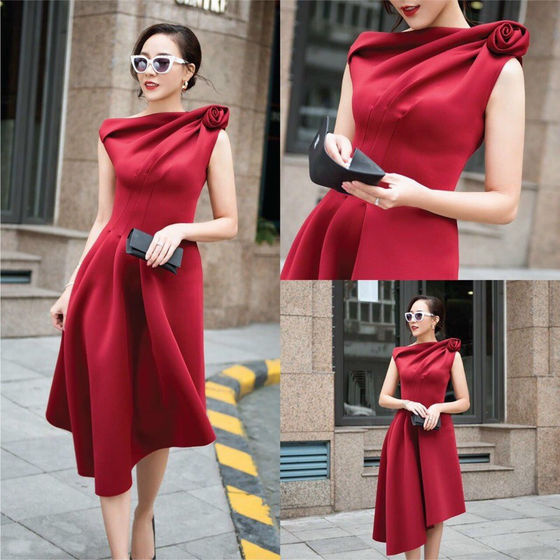 ĐẦM XOÈ XÉO VAI TÙNG XÉO ĐÍNH HOA HỒNG