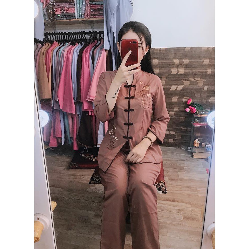 Bộ phật tử Cổ tàu thêu sen - Đồ lam đi chùa Bà Lai vải Cotton mịn giá rẻ - YuZin Store | BigBuy360 - bigbuy360.vn