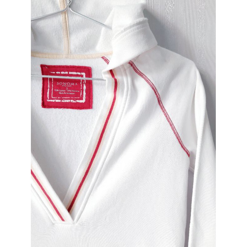 Bộ áo thun nỉ hoodie thể thao Unisex tay dài có nón và túi, kèm quần dài thun nỉ màu trắng viền đỏ, chất dày dặn, đẹp