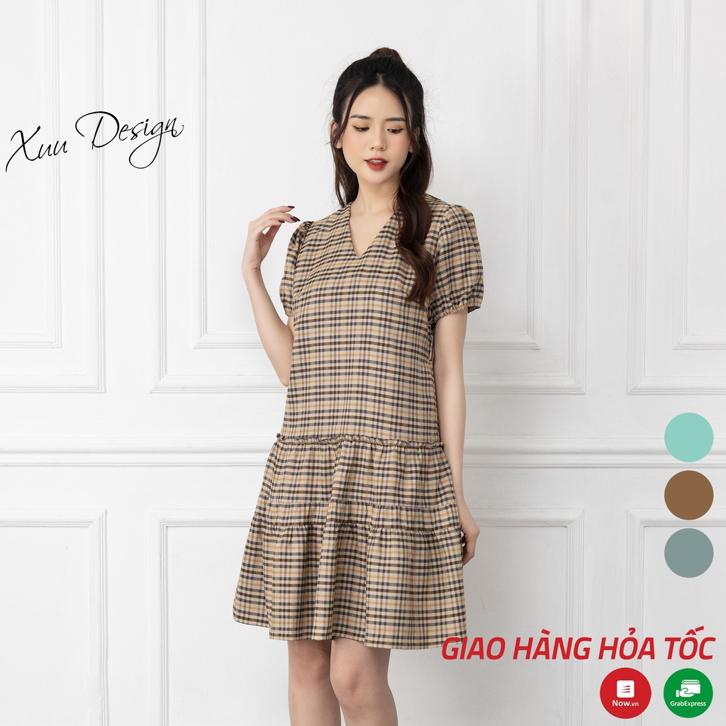 Đầm suông babydoll kẻ caro XUU có dai buộc eo tháo rời Xuu Design V04