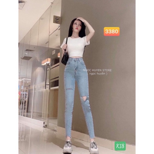 Quần jeans nữ lưng cao RÁCH t ôm body lưng siêu cao rách gối xanh nhạt J123