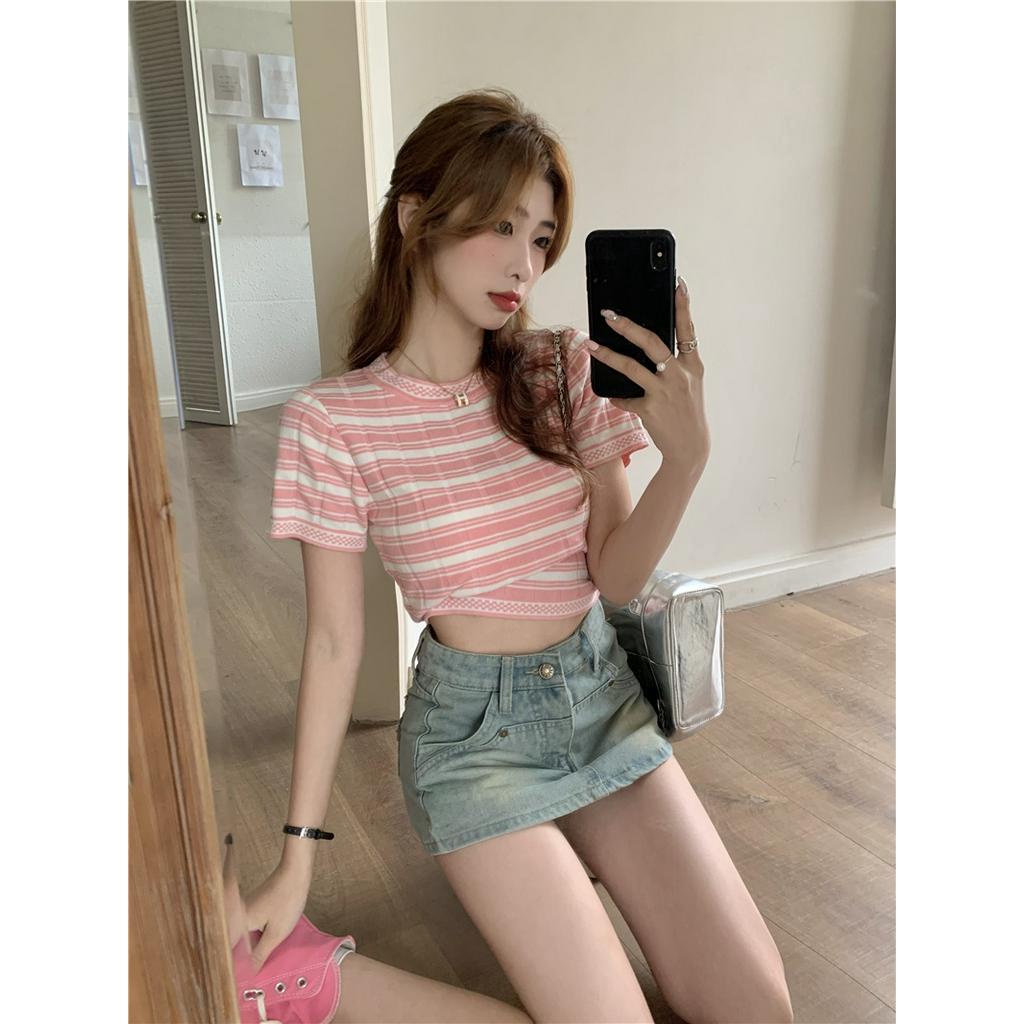 Áo Thun Dáng Ôm Ngắn Tay Cổ Tròn Kẻ Sọc Màu Sắc Tương Phản Thời Trang 62242